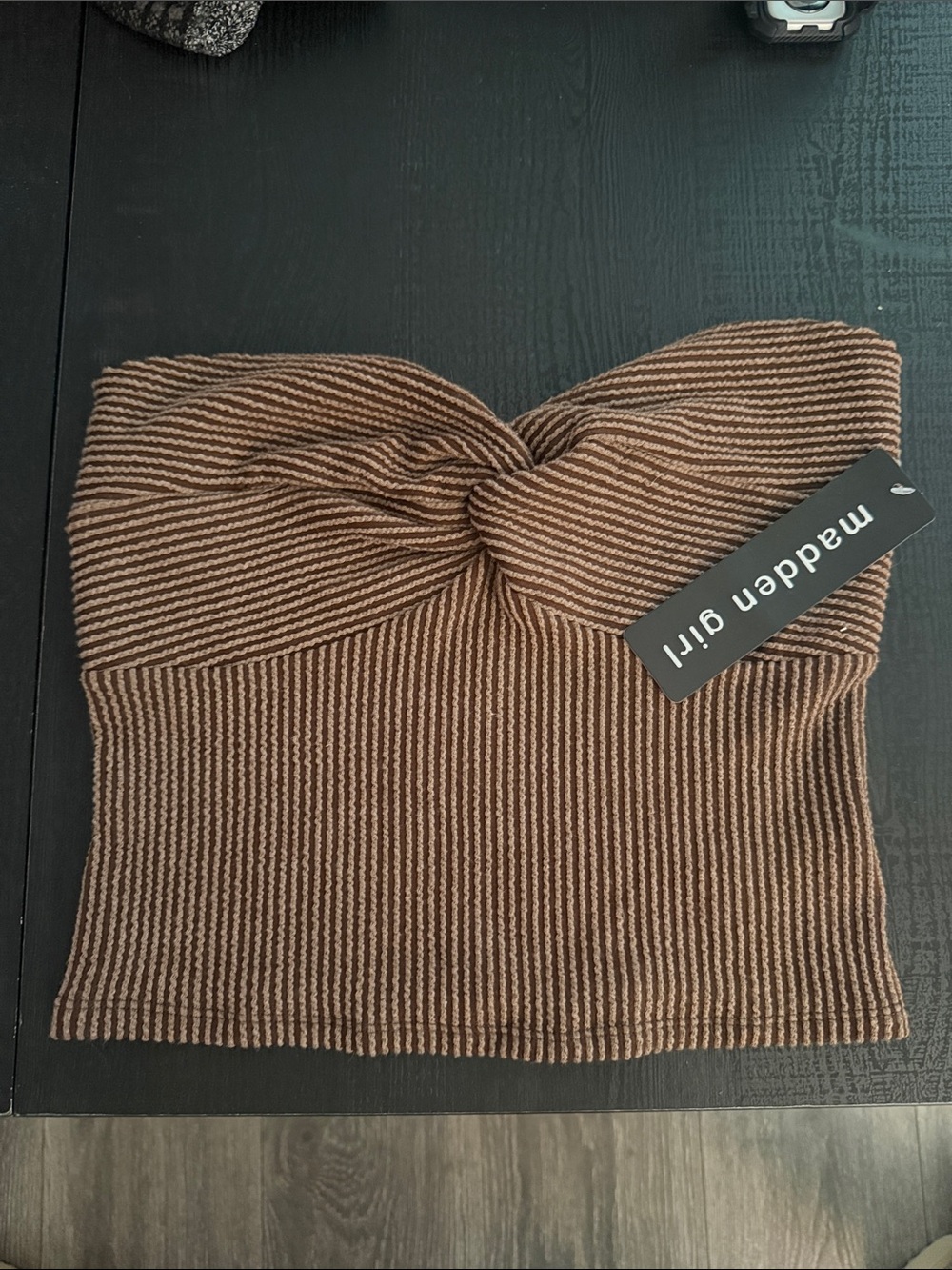 Madden Girl Brown and Cream Ribbed Twist-Front Strapless Top